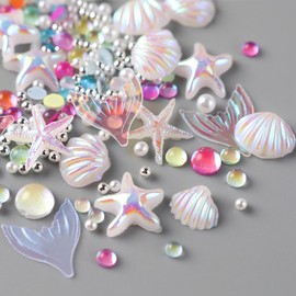 200Pcs 3D Aurora Beach Nail Charms Set Summer Ocean Nail Art Charms with Mermaid Starfish Seashell Pearls&Colorful Rhinestones Resin Nail Jewelry for Women DIY Manicure Decor Accessories