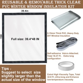 Window Insulation Kit for Winter Adjustable Plastic Insulated Window Cover Sealer Reusable Thermal Thicken Clear Insulation Wrap Transparent Film with Hook and Loop Tape for Winterizing 39'' x 48''