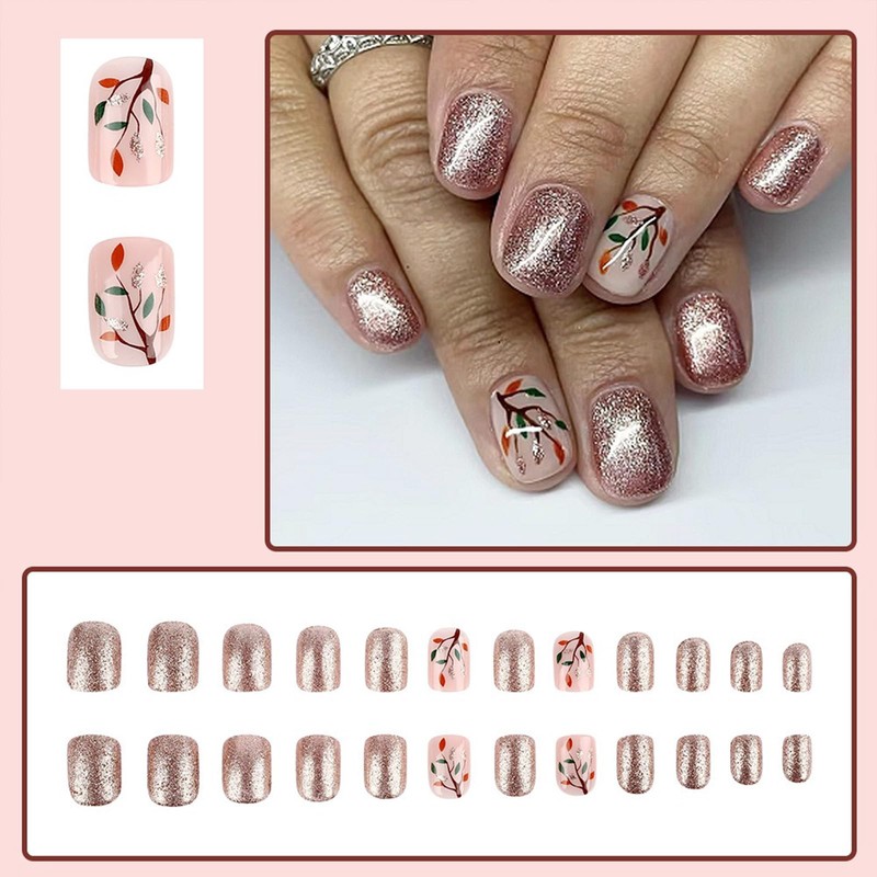 Fall Press on Nails Short Square Fake Nails Artificial Holiday
