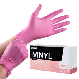 OKIAAS Pink Disposable Gloves X-Small, Vinyl Gloves Disposable Latex Free, 5 mil, 100 Count, for Food Prep, Household Cleaning, Hair Dye, Tattoo