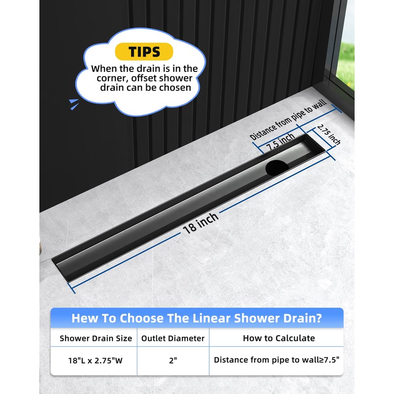 HTOH Shower Drain Offset for Bathroom: 18-Inch Black Linear Shower