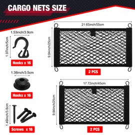 4 Pcs Stretchable Small Cargo Net Pocket Storage Mesh Net Elastic Automotive Cargo Nets with 16 Mounting Screws and Built in Hooks for Truck Car SUV Boats, 2 Sizes