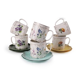 GuangYang Elegant Embossed 8 oz Tea Cups Set of 6, Color Glazed and Fancy Floral Pattern (Perfect Size for Tea, Cappuccino,Chocolate Drinks etc.)