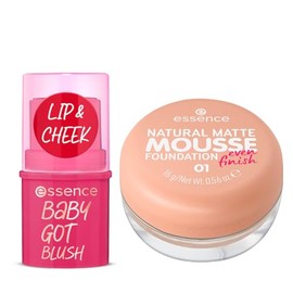 essence - Pack 2 en 1: Base de Maquillaje Natural Matte Mousse 01 (16 g) + Rubor en Barra Baby Got Blush Cherry Cherry Baby (5.5 g), Cobertura Media, Acabado Mate y Look Fresco