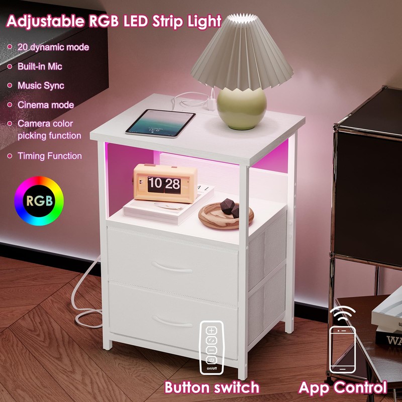 Fixwal Night Stand with Charging Station, LED Nightstand with U-S-B