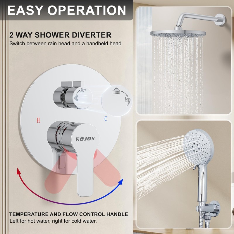 KOJOX Shower Set - Polished Chrome High Pressure Shower Head