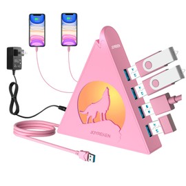 JoyReken Powered USB Hub (Pink), 6-Port USB 3.0 Hub with 4 High-Speed Data Ports, 2 Smart Charging Ports (2.4A), RGB Night Light, 48W Power Adapter, Compatible with PC, Mac, Laptop, Flash Drives.