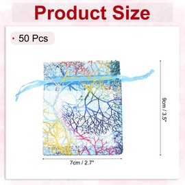 QUARKZMAN 50 Stück Organzasäckchen, 7x9cm Geschenksäckchen Schmuckbeutel Bunte Korallen-Muster Mesh Säckchen mit Zugband, Organzabeutel für Hochzeit Party Süßigkeiten, See Blau-Gold