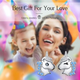 Esberry 18 carat gold-plated 925 sterling silver stud earrings unicorn with zirconia, asymmetrical earrings, hypoallergenic earrings children's earrings silver 925 girls., Sterling Silver, Blue