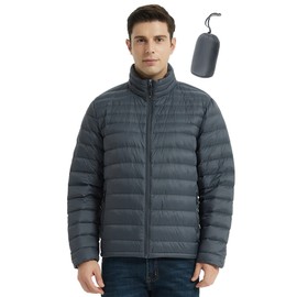 SLOW DOWN Men Lightweight Down Puffer Jakcet, Packable Winter Puffy Down Jacket with 2 Packing Bag (Deep Grey,M)
