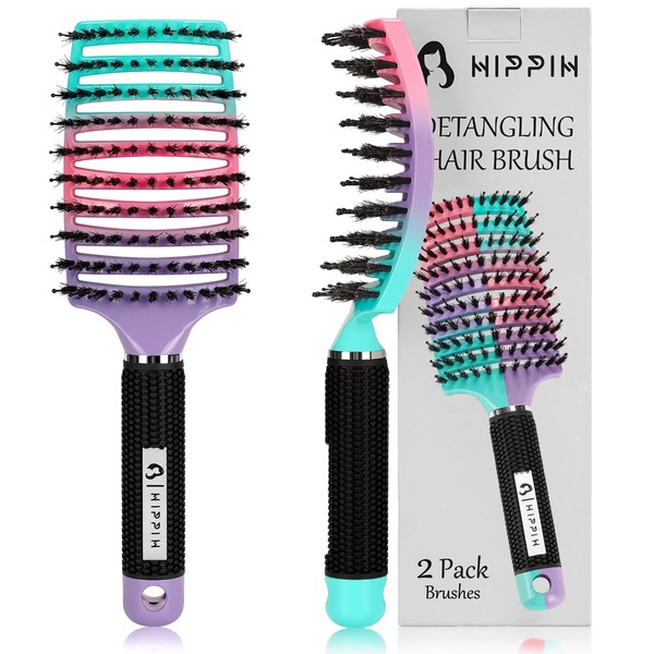 Detangling Brush 2 Pack, HIPPIH Detangler Hair brush for Adult & Kids’ Wet or Dry Hair, Boar Bristle Hair Brush Getting Knots Out without Pain Adds Shine and Makes Hair Smooth Purple