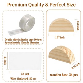 Karida 24-Pack Wooden Table Number Stands – Rustic Semicircular Place Card Holders with 100 White Kraft Cards & 100 Adhesive Dots, Natural Pine Wood Name Card Holder for Wedding, Party, Banquet, Restaurant & Home Decor
