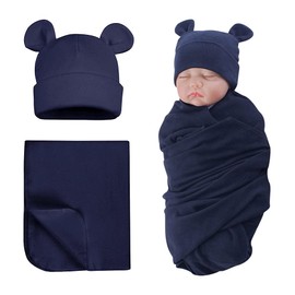 XIAOHAWANG Baby Swaddling Cloth Cotton with Newborn Hat Baby Burp Cloths Soft Comfortable Swaddling Cloth for Baby Girls, Boys (Navy)