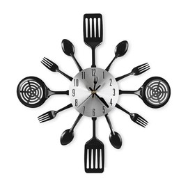 Veciado 16 Inch Kitchen Wall Clocks with Spoons and Forks,3D Tableware Wall Clock Room Home Decoration(Black)