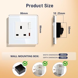 BSEED Single Socket 13A with LED Indicator, Single Switched Wall Socket 1 Gang UK Standard, Electric Switched Plug Power Wall Outlet with Glass Panel, White