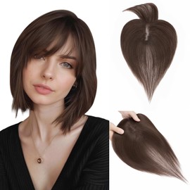 Hairro 100% Human Hair Toppers with Bangs, 360° Cover 3D Clips on Thin Hairpieces for Women, 3.15"x4.33" Silk Base Lightweight for High Hairline/Covering Greyish Hair on Top, 11 Inch Dark Brown