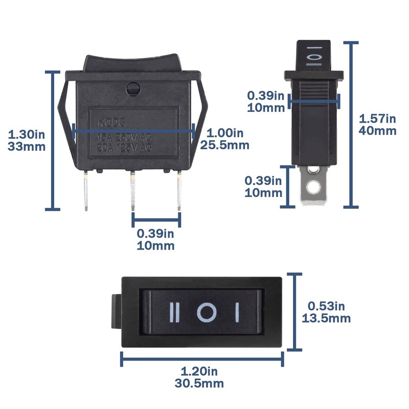VEXUNGA Rocker Switch 3 Position Rocker Switch 3-Pin On/Off/On 15A