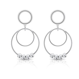 DTPSilver - 925 Sterling Silver Rodium Plated Dangling Triple Hoops Studs Earrings with Balls