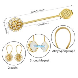 Magnetic Curtain Tiebacks 4 Pack, Gold Crystal Flower Window Curtain Decorative No Drilling Drapery Holdbacks with High-Elastic Spring Wire for Home Office Decor