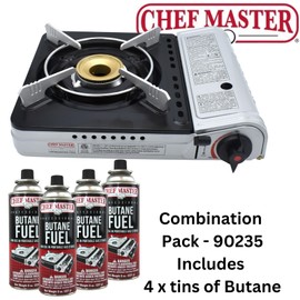 12,000 BTU Portable Butane Camping Stove with 4 x 8oz. Butane Fuel Canister Combo, Double Wind-Guard Portable Stove w/Carry Case for Road Trips, Camping, Tailgating & Emergencies by Chef Master 90235