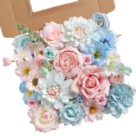 rongflower Artificial Flowers Combo Box Set Silk Flowers Fake Rose for DIY Floral Arrangements Wedding Bouquets Centerpieces Baby Shower Party Home Decorations (Blue Pink)