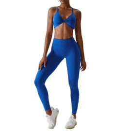 ABOCIW Workout Sets for Women V-Neck Twist Front Strappy Criss-Cross Back Sport Bra Tummy Conrol High Waist Leggings 2 Piece Exercise Gym Yoga Outfit Blue Large