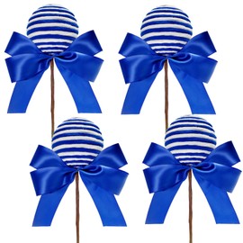 Large Lollipop Candy Picks Set of 4 Striped Peppermint Sprays Christmas Tree Stems Decorations Sticks with Ribbon Bows Xmas Tree Topper Home Vase Filler Wreath DIY Crafts Party Supplies (Blue White)