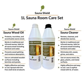 Sauna Shield Sauna Care Set – 1L Wood Oil & 1L Sauna Cleaner with Applicator Sponge & Gloves | Protects, Cleans & Nourishes Sauna Wood | For Traditional & Infrared Saunas