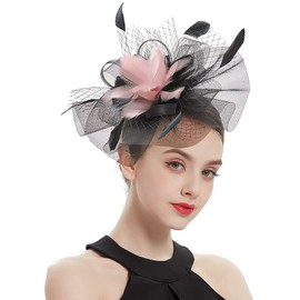 Z&X Tea Party Fascinator Derby Hat Mesh Feather Sinamay Pillbox Hat Headband for Women Wedding Cocktail Pink Black, One Size