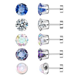 UHIBROS 6 Pairs Flat Back Earrings Hypoallergenic Earrings Stainless Steel Stud Earring for Women, 20G Surgical Steel Gold Silver Men Earring 18K Cubic Zirconia Earrings Set with Screw Back