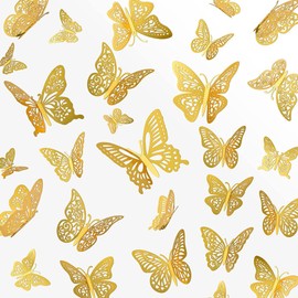 48 Pcs 3D Gold Wall Butterfly Set - 4 Styles, 3 Sizes for Wedding & Birthday Decorations - Aesthetic Room Decor for Boys & Girls - Gold Butterfly Stickers