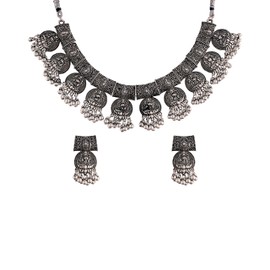 I Jewels Oxidised Silver Plated Afghani Choker Necklace Jewellery Set for Women