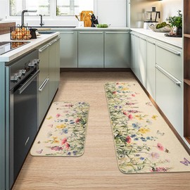 Nialnant Wildflower Kitchen Mats Set of 2, Non Slip Floral Kitchen Floor Mats, Vintage Flowers Kitchen Rugs for Floor, Washable Kitchen Mats for Floor 17'' x 47'' + 17'' x 30''