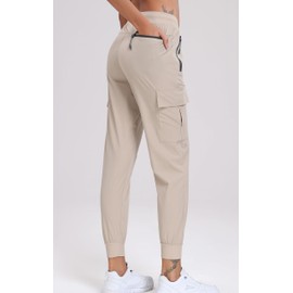 Oalka Women's Cargo Hiking Pants Lightweight Travel Pockets Joggers Quick Dry Khaki L
