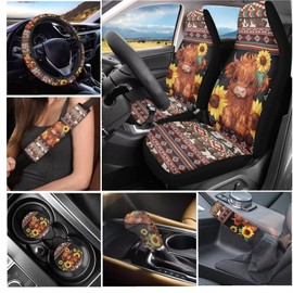 Tupalatus Boho Highland Cow 9 Pcs Car Seat Covers Front Set for Women Breathable Steering Wheel Cover Seat Belt Pads Cover Coasters Gear Shift Hoodie Handbrake Cover Car Accessories