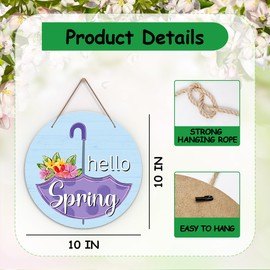 Hello Spring Sign for Front Door, Umbrella Welcome Door Sign Decoration, Welcome Spring Round Decorative Wall Sign, Rustic Wooden Hanging Sign for Farmhouse Home Porch Living Room -12