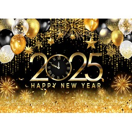 Dudaacvt 8x6ft Happy New Year Party Backdrop Extra Large Fabric Happy New Year Banner for 2025 Party Decoration, 2025 New Year Fireworks Photo Booth Backdrop Background Banner