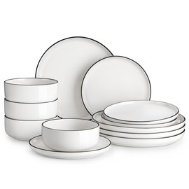 MALACASA MALACASA Plates and Bowls Sets, 12 Pieces Modern Porcelain Dinnerware Set for 4 White Kitchen Dinner Dining Ware Set wtih Black Rim Ceramic Dishware Dishes Microwave and Dishwasher Safe, Series LUNA