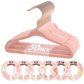 Baby Hangers, VIS'V 11 Inch Pink Velvet Kids Hangers with 6 Pcs Size Dividers Non Slip Nursery Children Closet Clothes Hangers for Infant Toddler Girls & Boys - 50 Pack
