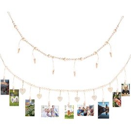 Encuryna Pack of 2 Photo Rope with Wooden Clips, DIY Picture Frame, Wall Decoration, 250 cm Beads & Heart Photo Line with Wooden Clips, for Hanging Photo Postcards, Picture Frames
