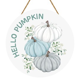 YUNKKIN Fall Door Decor Hello Pumpkin Door Sign Wooden Pumpkin Eucalyptus Leaves Door Hanger Blue White Pumpkin Decor Fall Door Wreath for Harvest Thanksgiving Farmhouse Porch Indoor Wall Home Decor