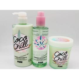 Victoria's Secret PINK COCO CHILL SATIVA Set, Body: Lotion,  Scrub, and Body Oil.  Discontinued!!