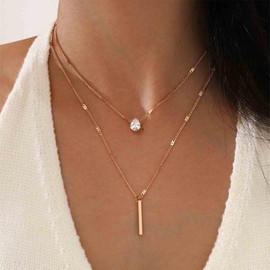 Aneneiceera Vintage Layered Crystal Choker Necklace Gold Bar Pendant Necklace Teardrop Rhinestone Necklace Oval Cz Necklace Geometric Necklace Chain Jewelry for Women
