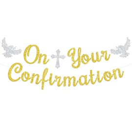 On Your Confirmation Banner, God Bless/First Holy Communion, 1st Birthday, Religious Christening Baptism Baby Shower Party Decorations Supplies, Gold Glitter
