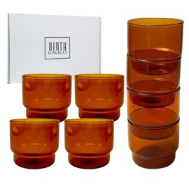 Ninth Calico Stackable 4-Piece Glass Set – Colored Drinking Cups, Lead-Free and Cadmium Free Glass (Amber, Short)