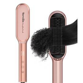Terviiix Hair Straightener Brush Rose Gold - Ionic Anti-Frizz Hair Straightening Comb with MCH Heater, 13 Heat Settings, Fast Heating 20S, Dual Voltage, for Smooth & Shiny Hair