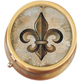 Vintage Fleur De Lis Brass Round Pill Box