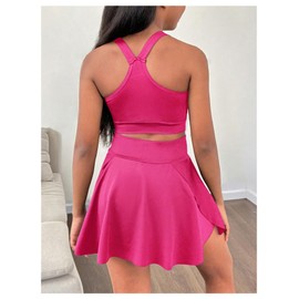 BEAUDRM Girl's Workout Solid Color Tank and High Waisted Skorts Set Athletic Sports Running Skirt with Pockets, Hot Pink, 8 Years