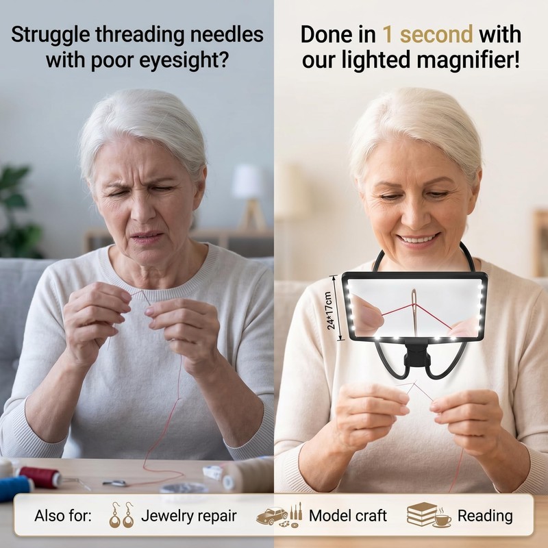 Neck Wear Magnifying Glass with Light, Hands Free Rechargeable LED