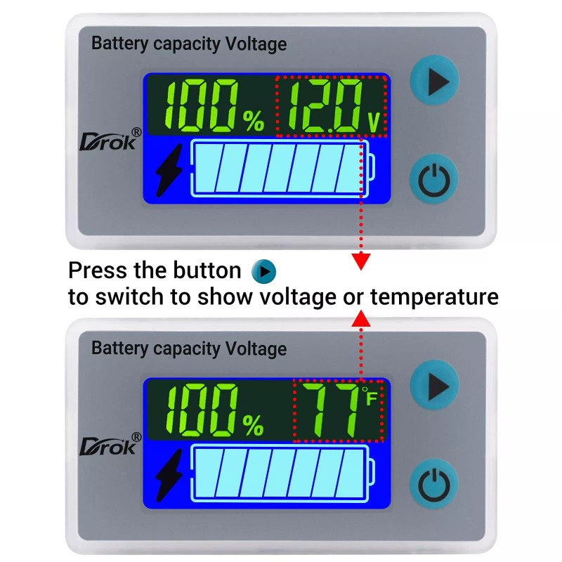 DROK 12V Battery Capacity Monitor, 10-100V 24V 36V 48V Digital